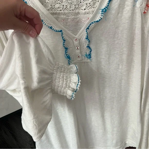 Free People Siesta Fiesta Embroidered Boho Knit Top Peasant Henley Med - Picture 6 of 12